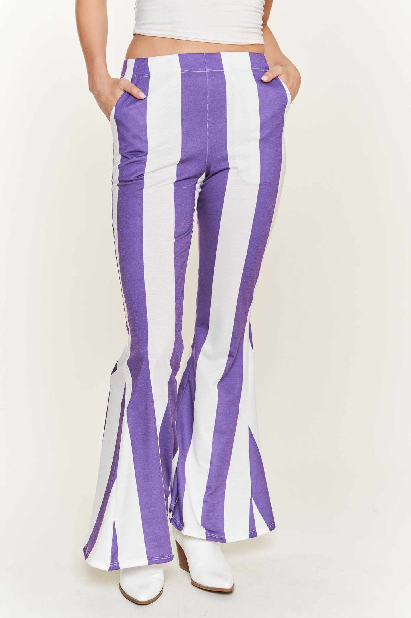 Striped Bell Bottom Pants | Purple & White