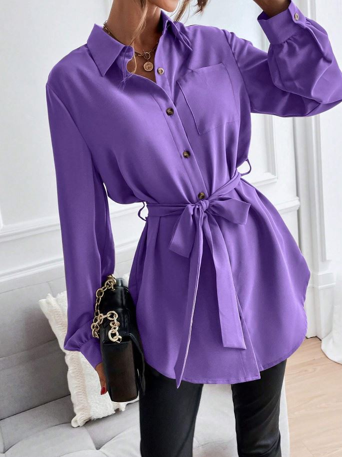 Lavender Button Front Belted Shirt