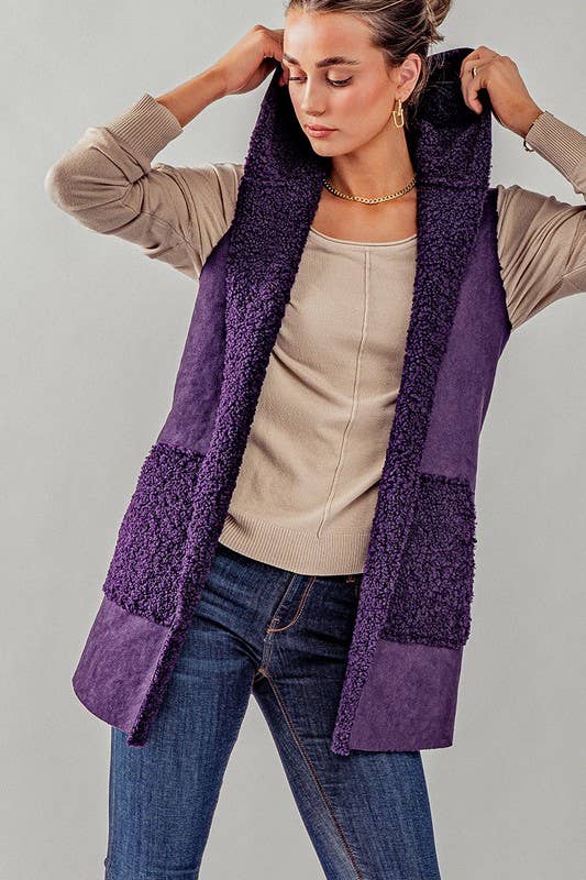 Faux Suede Sherpa Hooded Vest | Purple