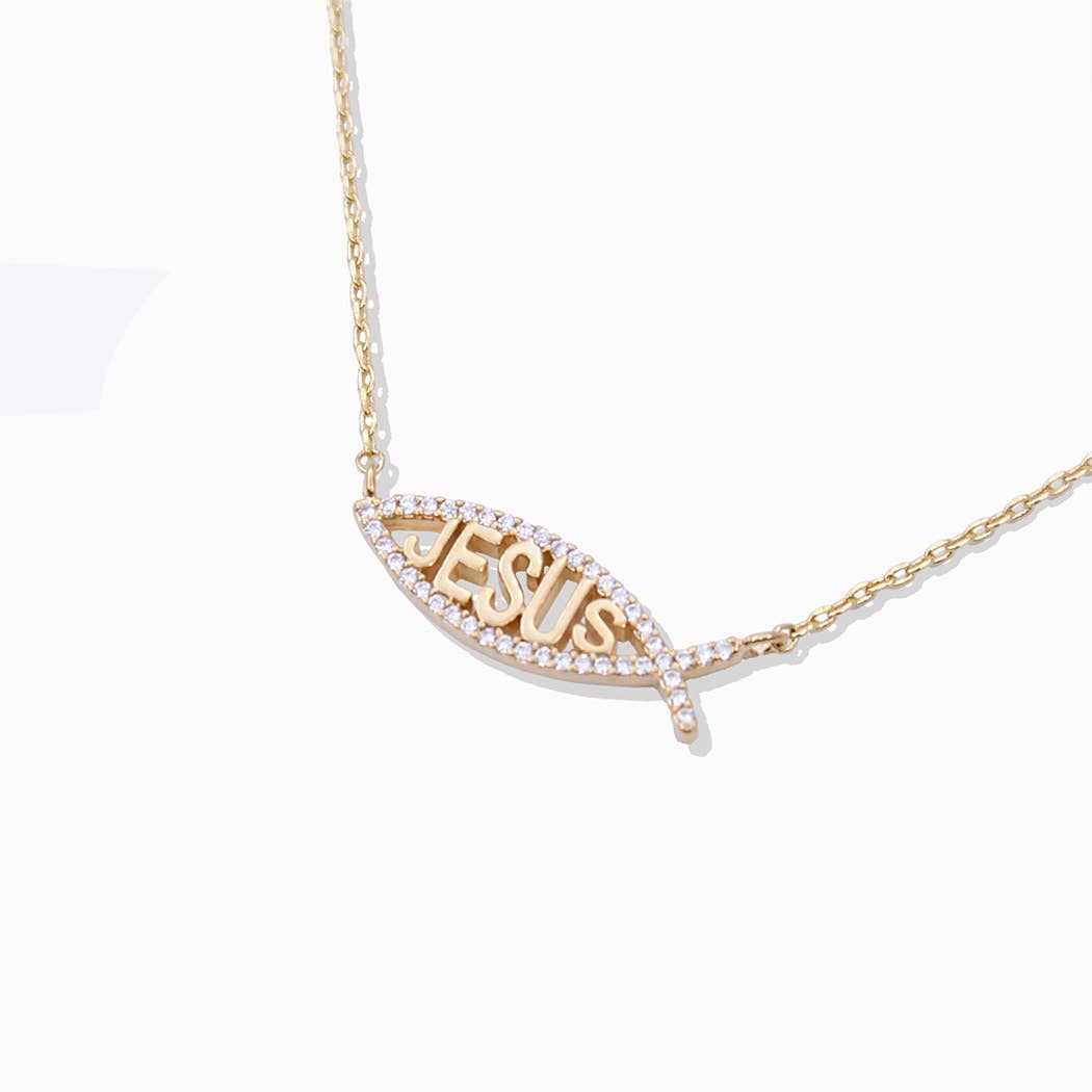CZ Gold-Dipped Jesus Fish Pendant Necklace