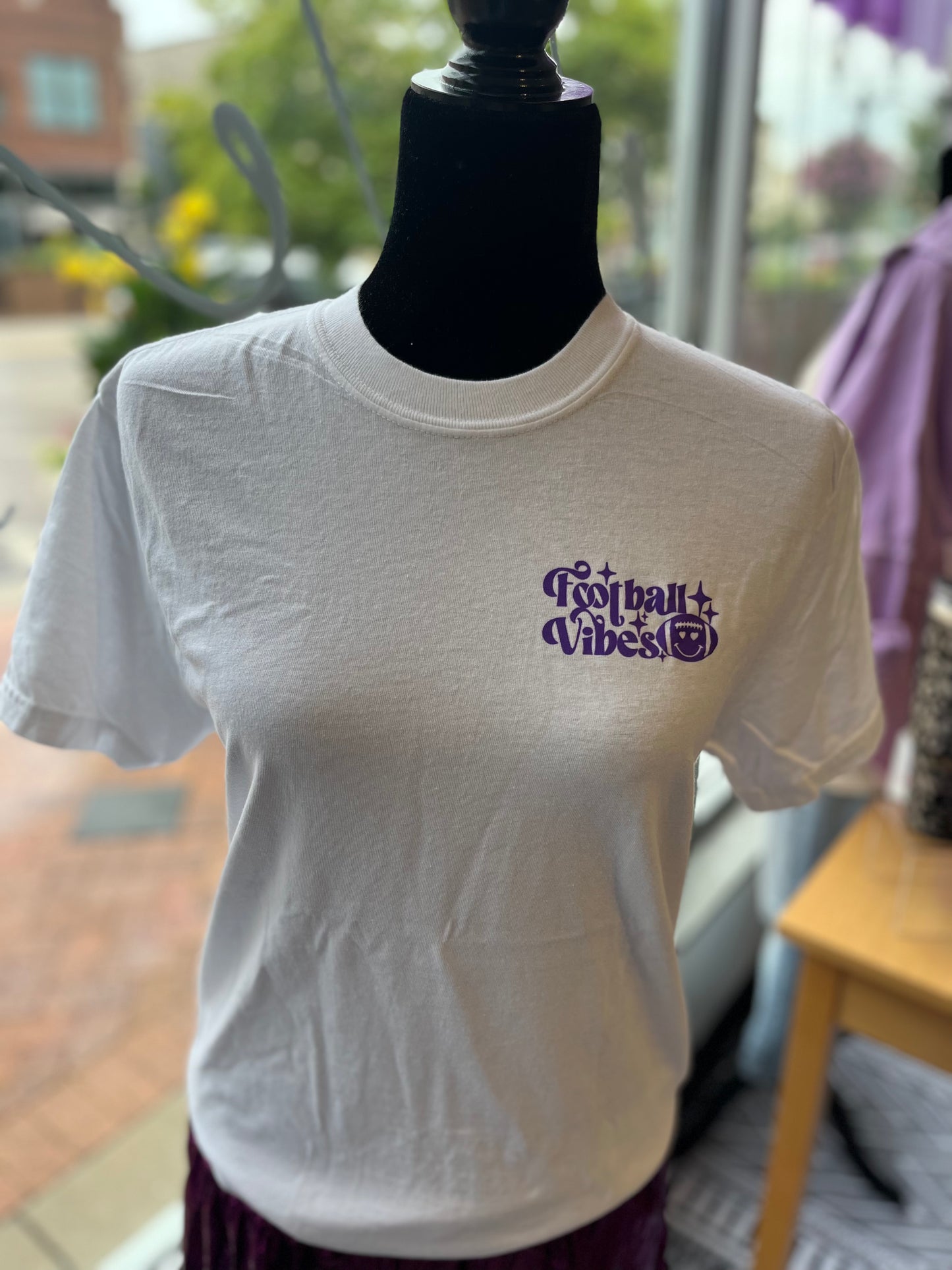 Smiley Face Football Game Day T-Shirt | White & Purple