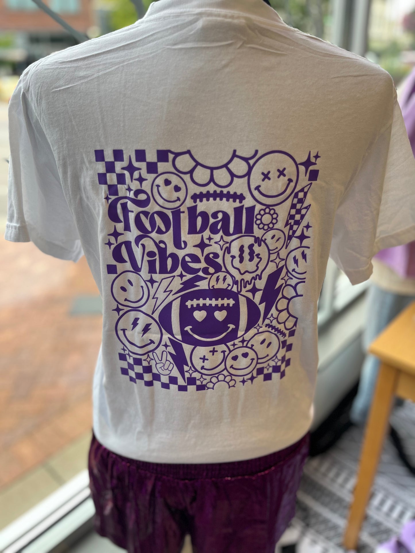 Smiley Face Football Game Day T-Shirt | White & Purple