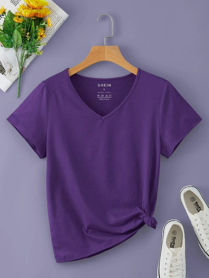 Purple Solid V-Neck Tee