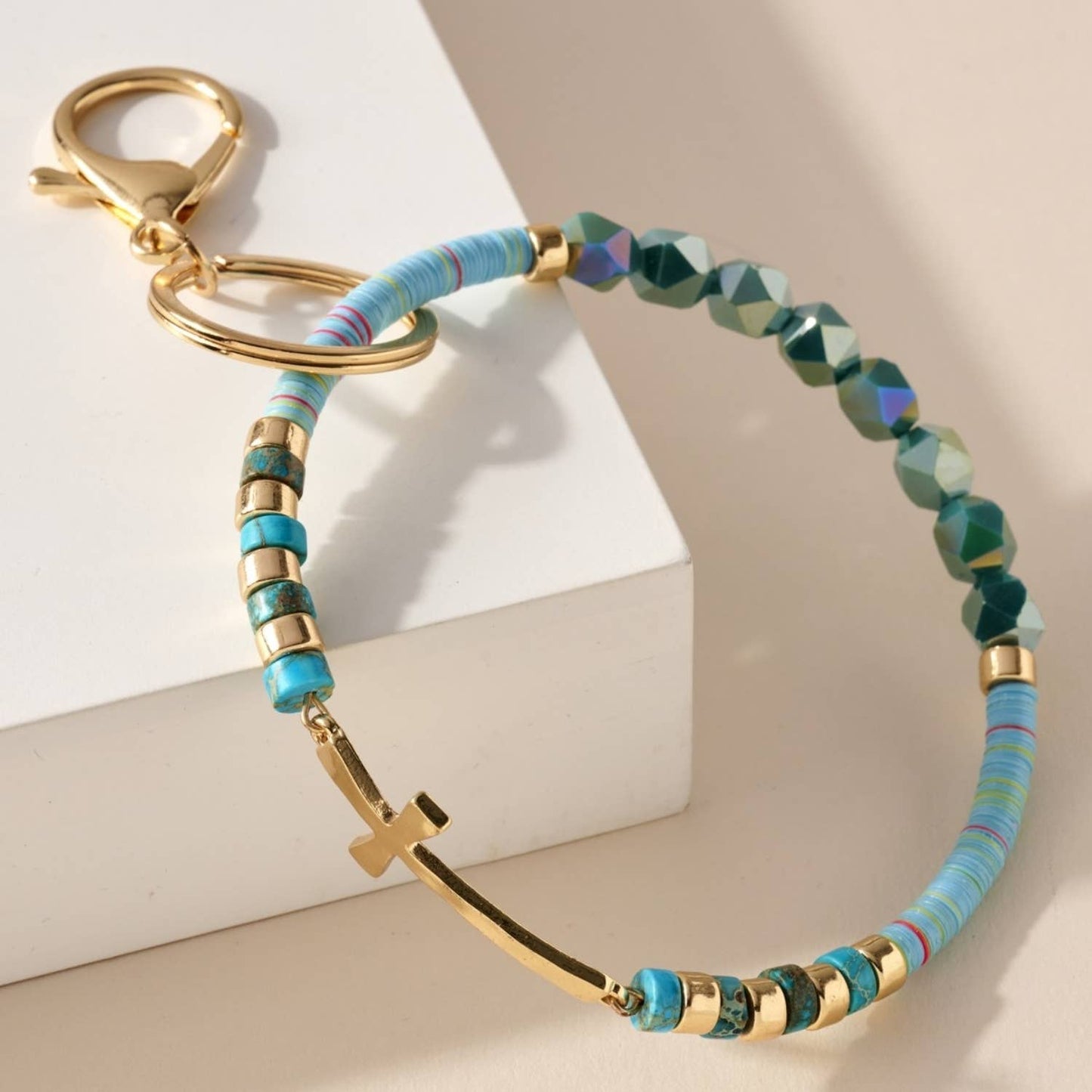 Cross and Blue Glass Beads Key Chain