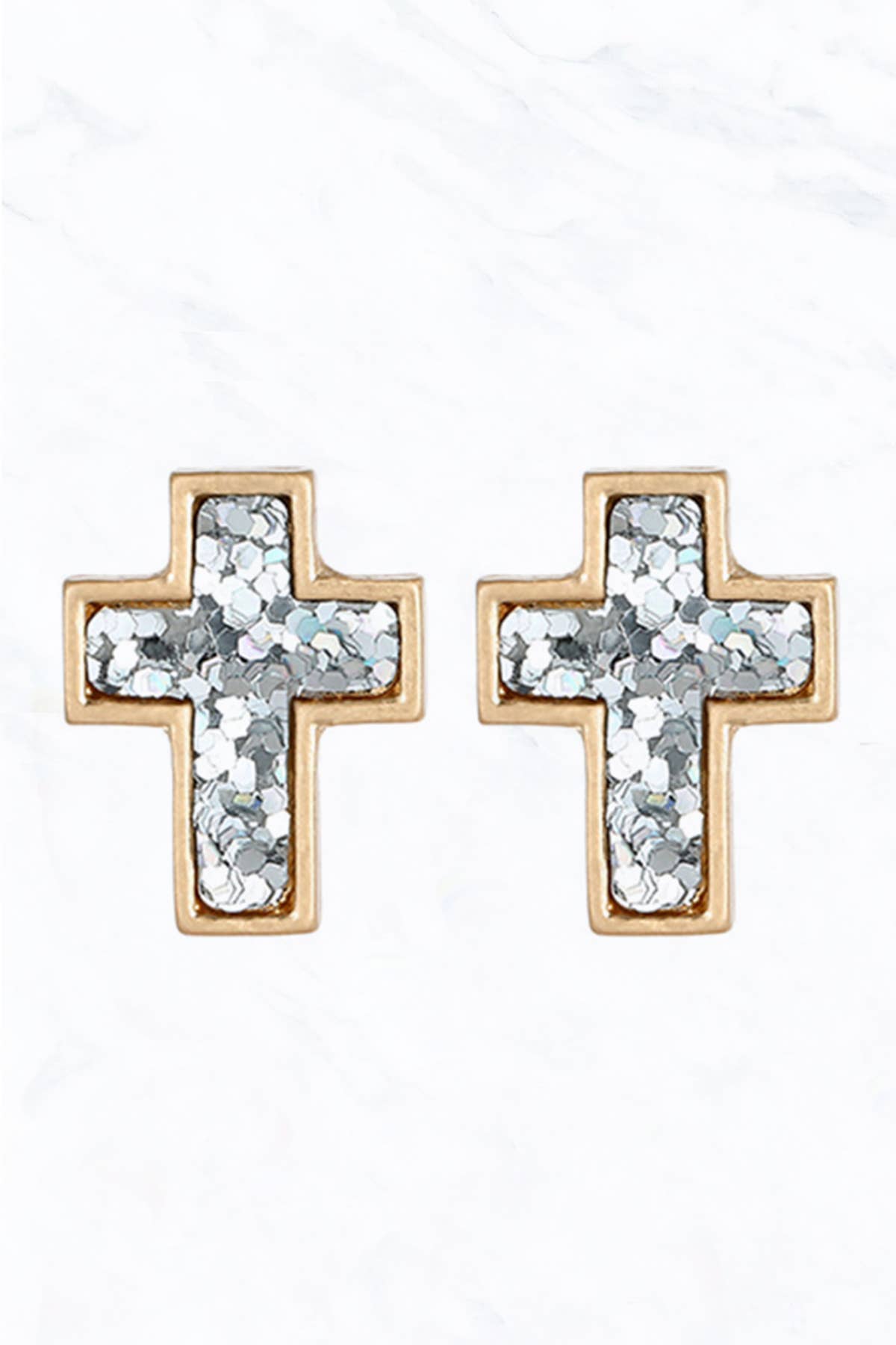 Silver Glitter Cross Stud Earrings