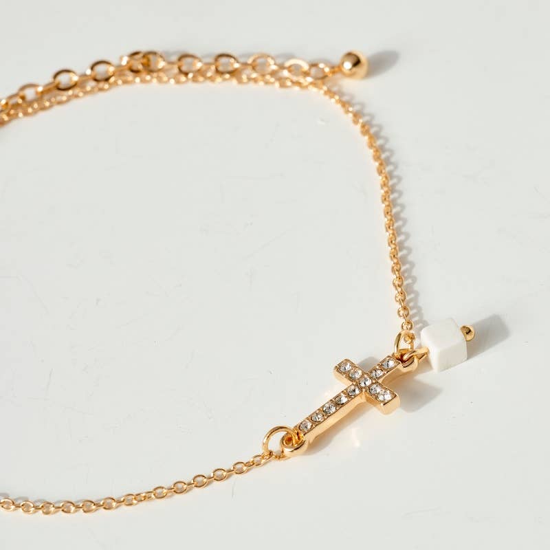 Stone and Cross Charm Anklet Set