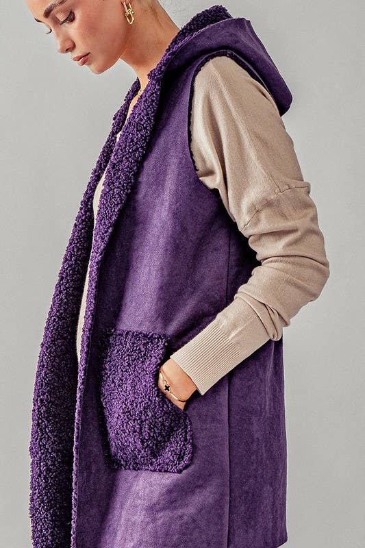 Faux Suede Sherpa Hooded Vest | Purple