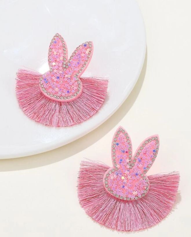 Easter Pink Sequin & Tassel Bunny Stud Earrings