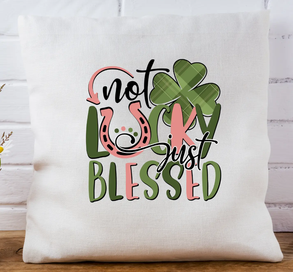 18" White Linen Burlap Pillow - Not Lucky Just Blessed