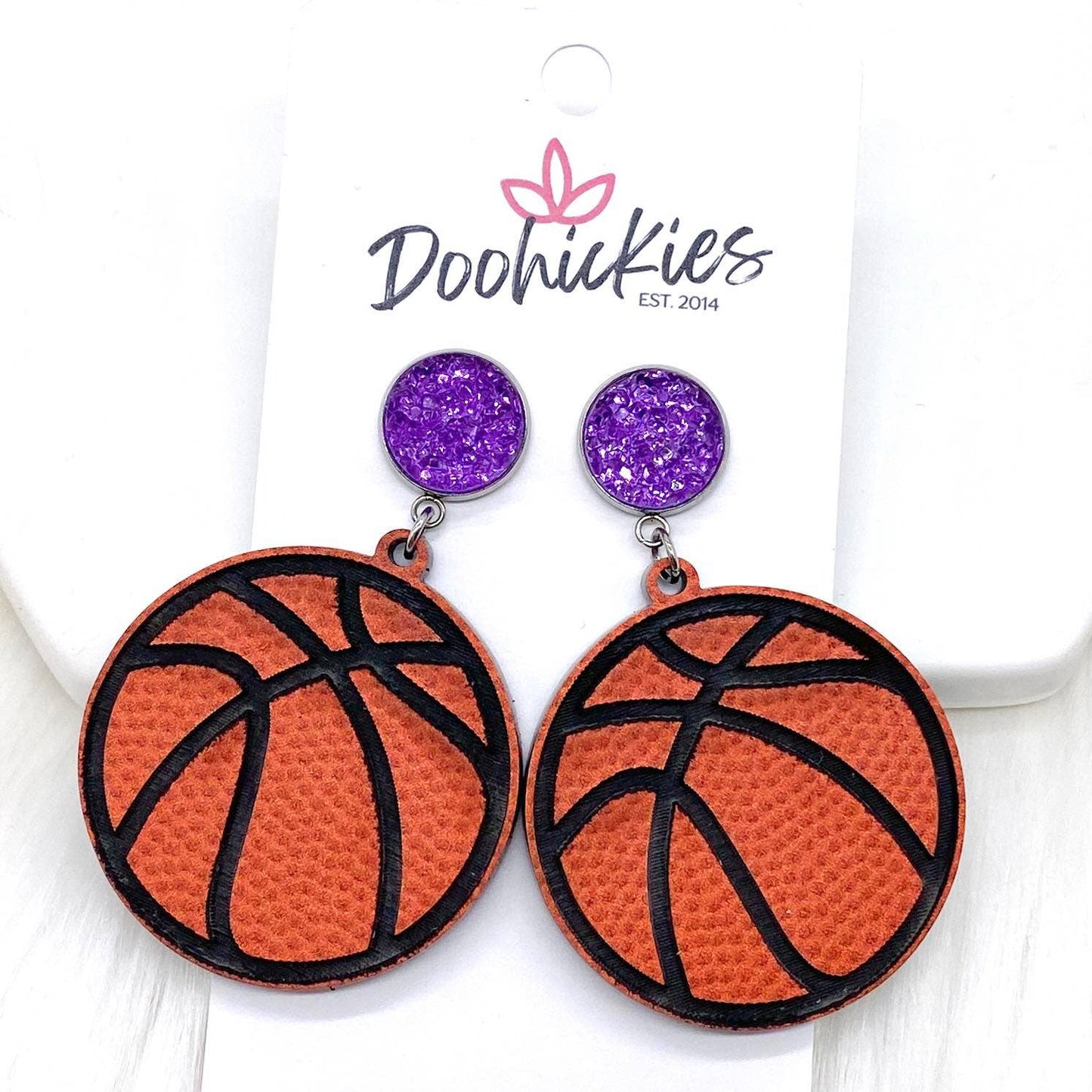Engraved Basketball Dangle Earrings | Purple