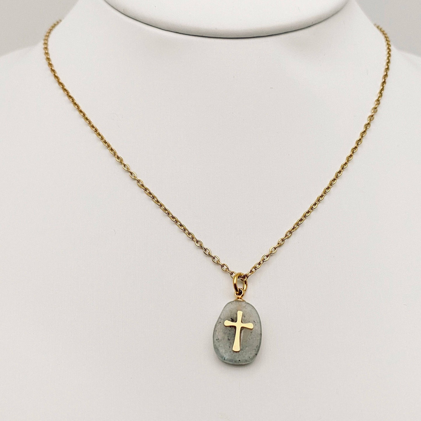 Natural Stone & Cross Necklace