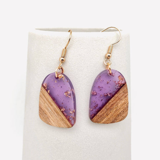 Geometric Wood and Resin Dangle Earrings | Purple