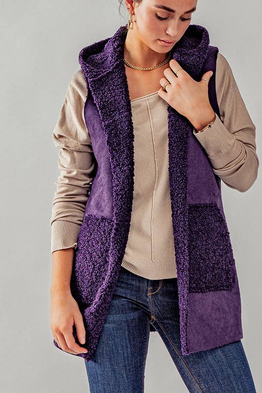 Faux Suede Sherpa Hooded Vest | Purple