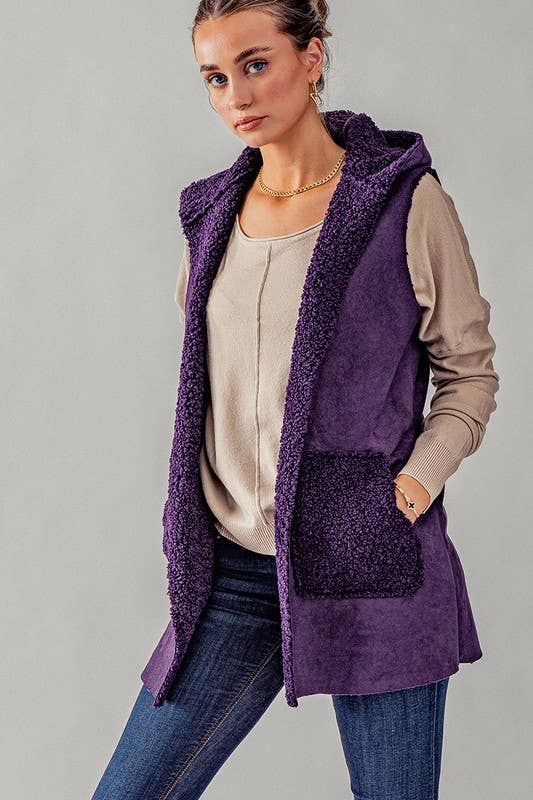 Faux Suede Sherpa Hooded Vest | Purple