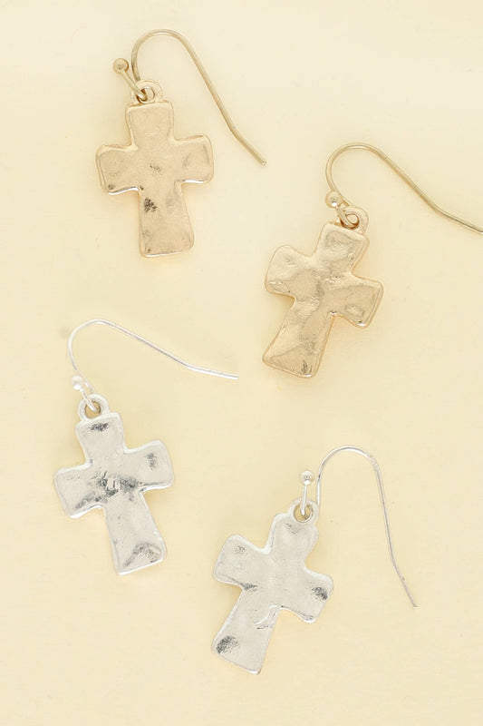 Hammered Chunky Cross Dangle Earrings