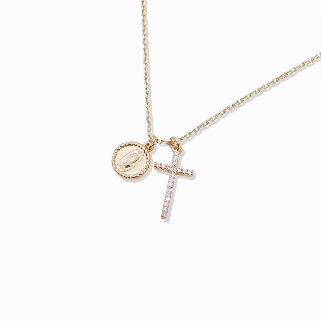 CZ Gold-Dipped Cross & Maria Necklace