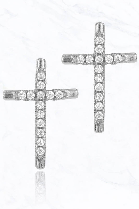 Cross & Rhinestone Stud Earrings | Silver