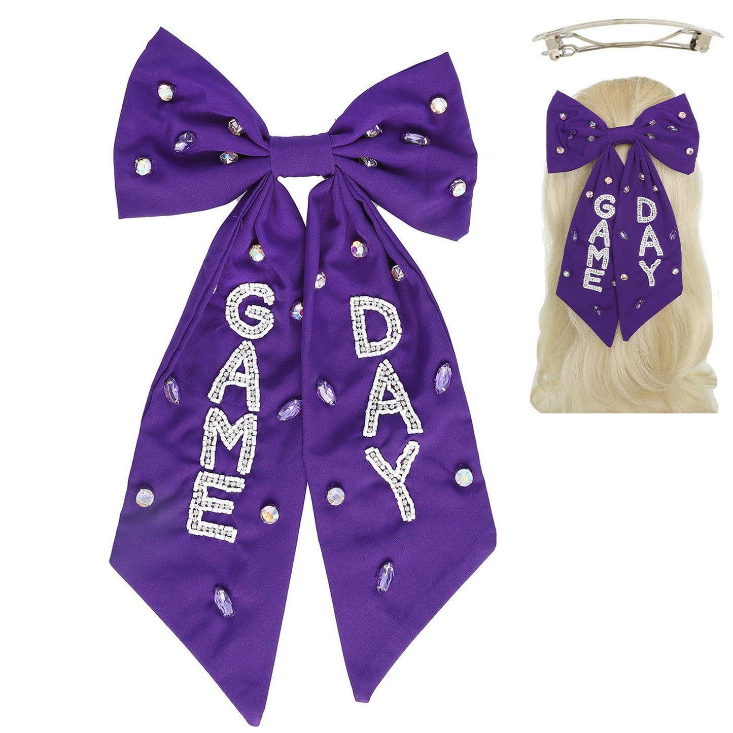 Game Day Bead Gemstone Bow Barrette Hair Clip