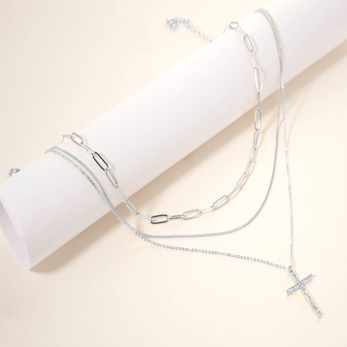 Three Chain Linked Cross Necklace | Silver