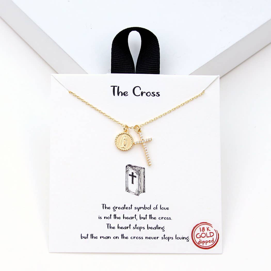 CZ Gold-Dipped Cross & Maria Necklace