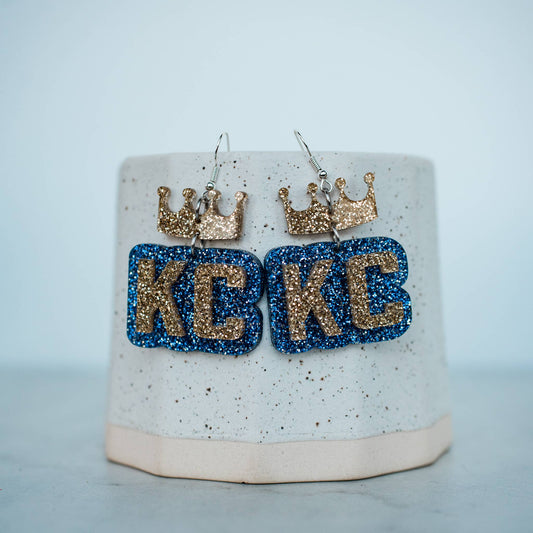 Blue & Gold Glitter KC Crown Dangle Earrings