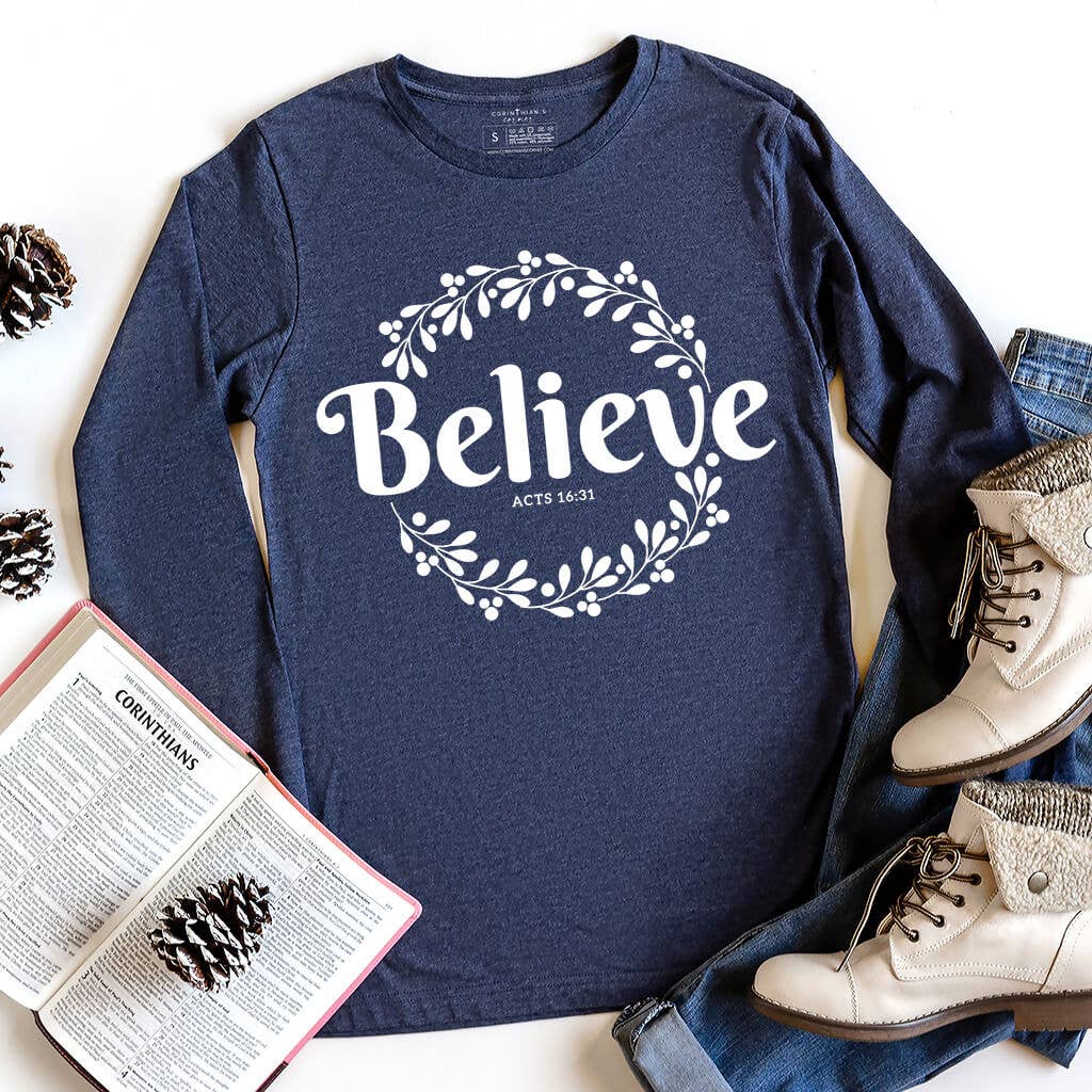 Believe Long Sleeve T-Shirt | Heather Navy Blue