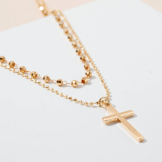 Gold Cutting Ball Layered Cross Necklace