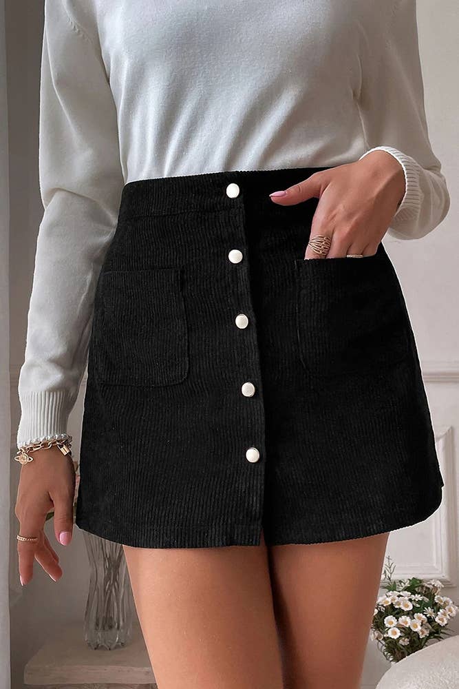 Corduroy Button Skirt | Black
