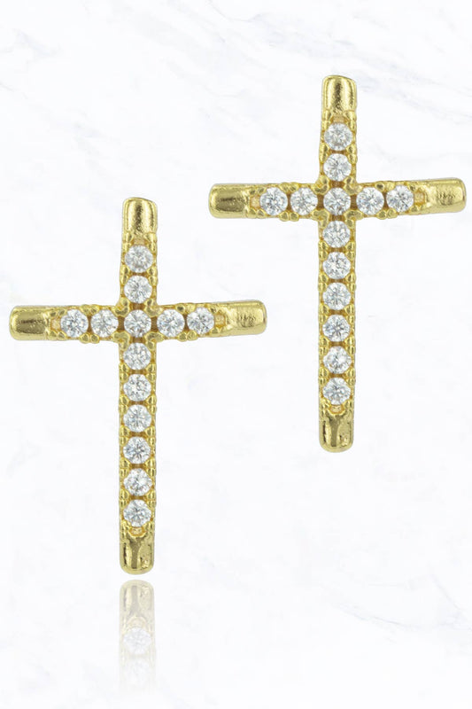 Cross & Rhinestone Stud Earrings | Gold