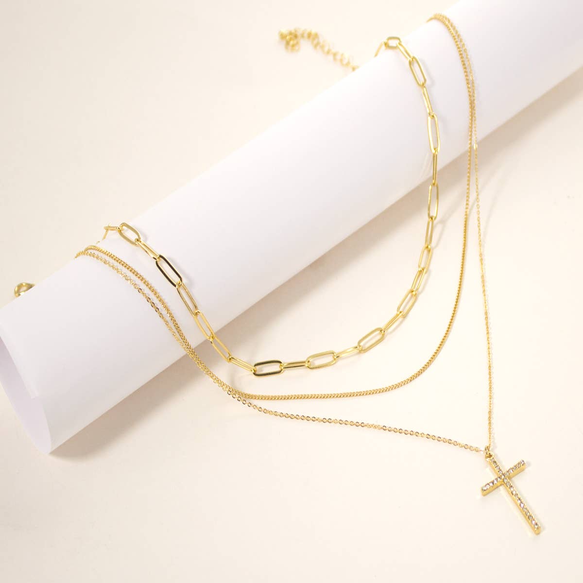 Three Chain Linked Cross Necklace | Gold