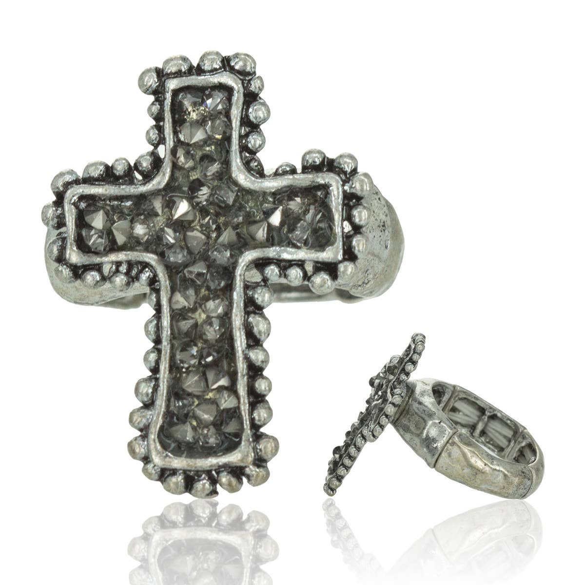 Silver Cross Hammered Stretch Ring