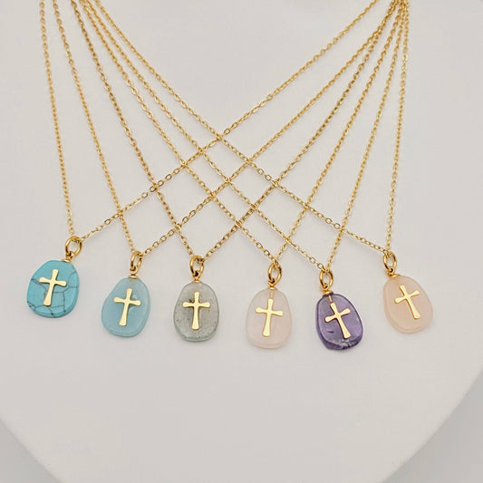 Natural Stone & Cross Necklace