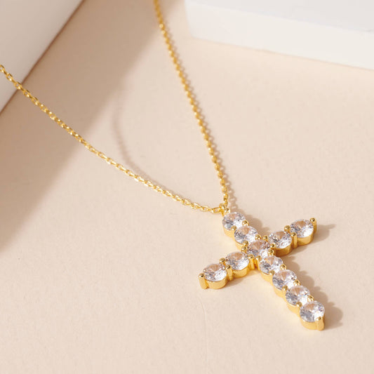 Rhinestone Cross Pendant Necklace | Gold