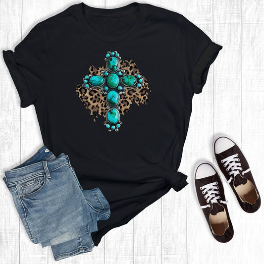 Turquoise Leopard Stone Cross T-Shirt